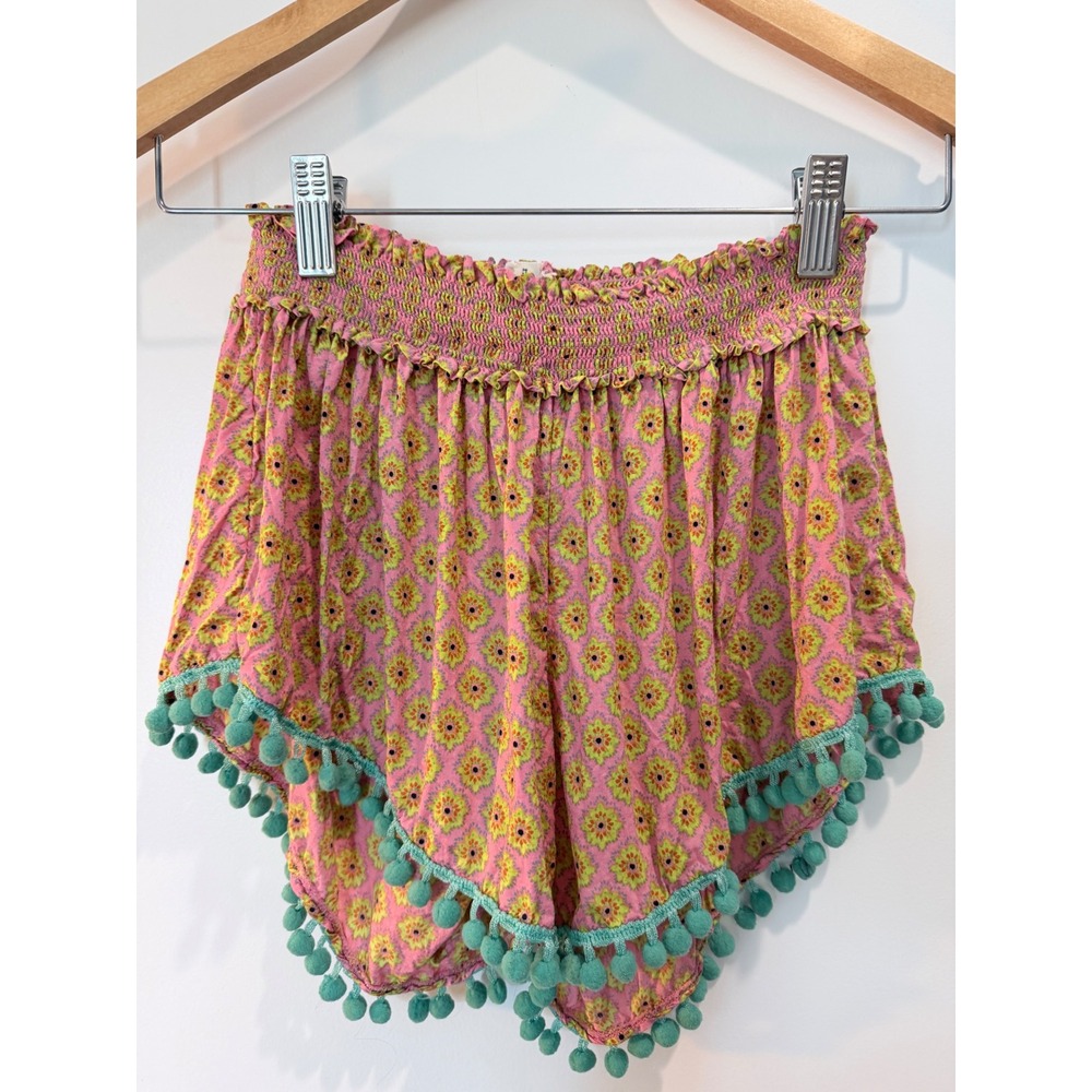NATURAL LIFE Pink Floral Print Pom Pom Shorts with Teal Trim- Small.